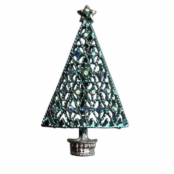 unknown Jewelry - Vintage Silver Tone Blue Rhinestone Holiday Christmas Tree Brooch Pin